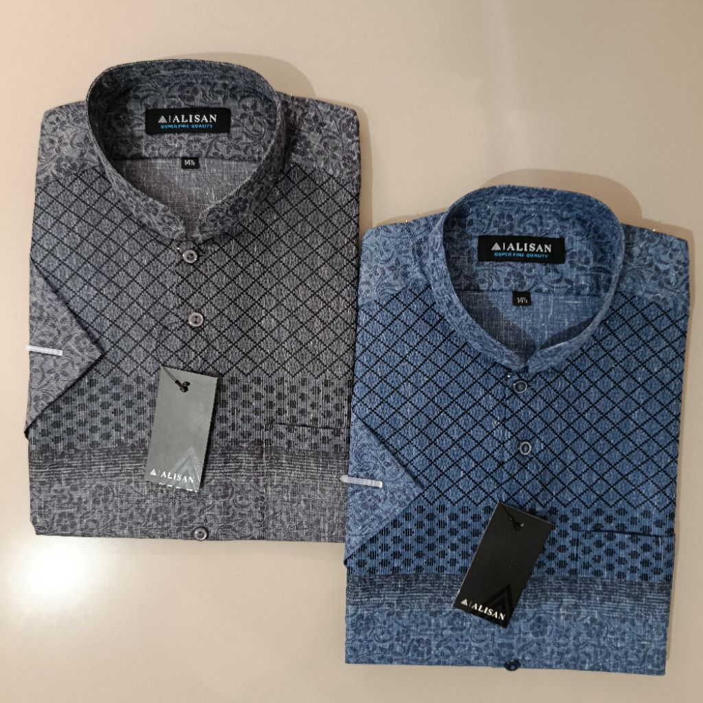 LENGAN PENDEK ALISAN Koko Fashion Motif Kotak Miring Reguler Biru/Hitam