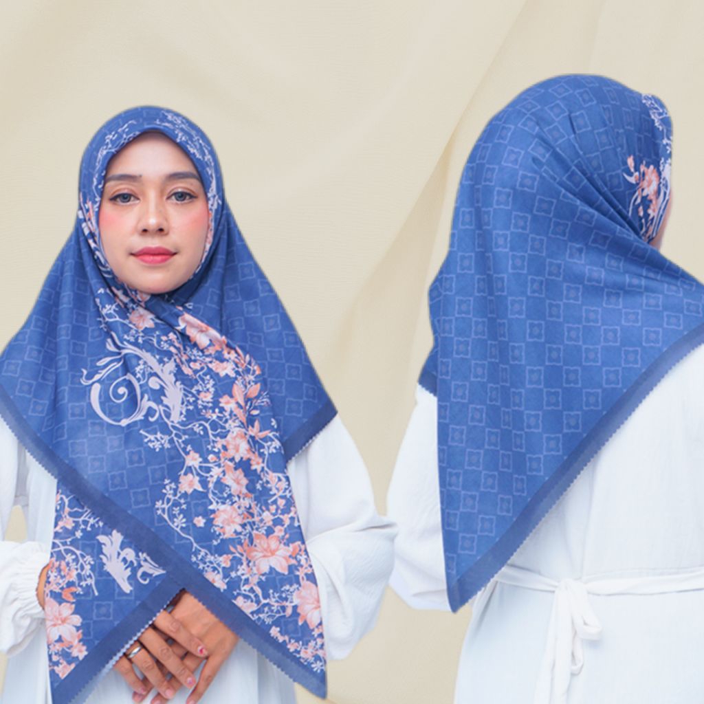 Helviana Hijab Motif Premium Navy Blue Rose Gold | Hijab Segi Empat | Hijab Motif