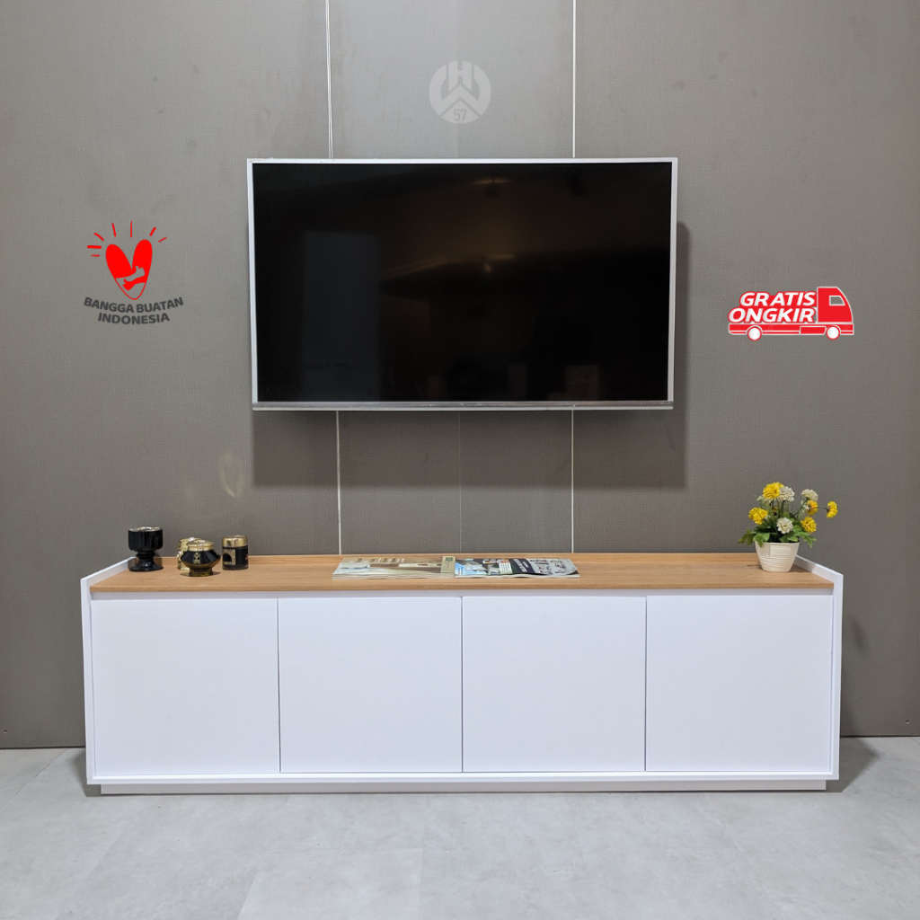 Meja TV Gantung Minimalis 160cm 4 Pintu Plywood Putih Hitam Serat Kayu