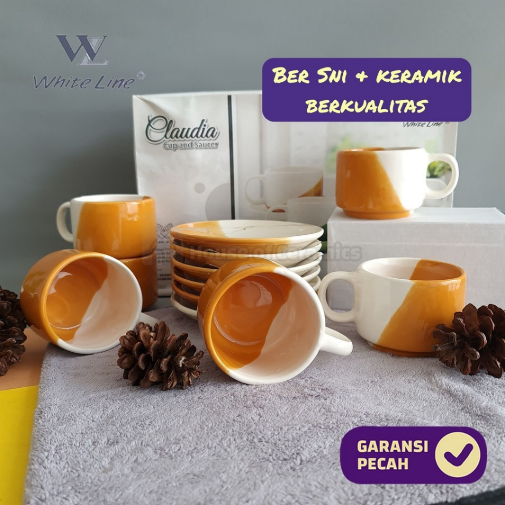 Cangkir Set Happy Fun Gradasi Keramik 6 Cup 6 Saucer 4 Warna Ukuran 7x8cm 14cm