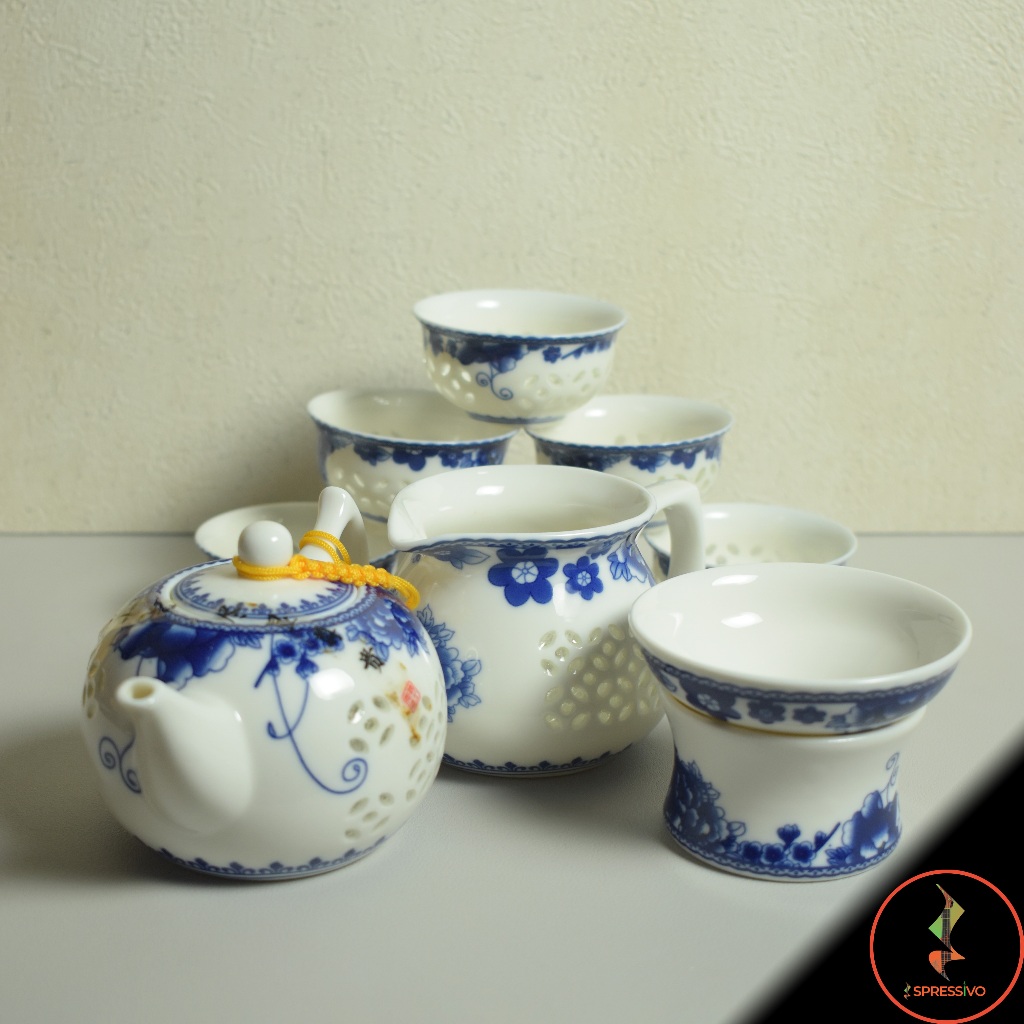 Teko 200ml + 8 Cangkir Saringan teh keramik blue & white chinese tea set [1003]