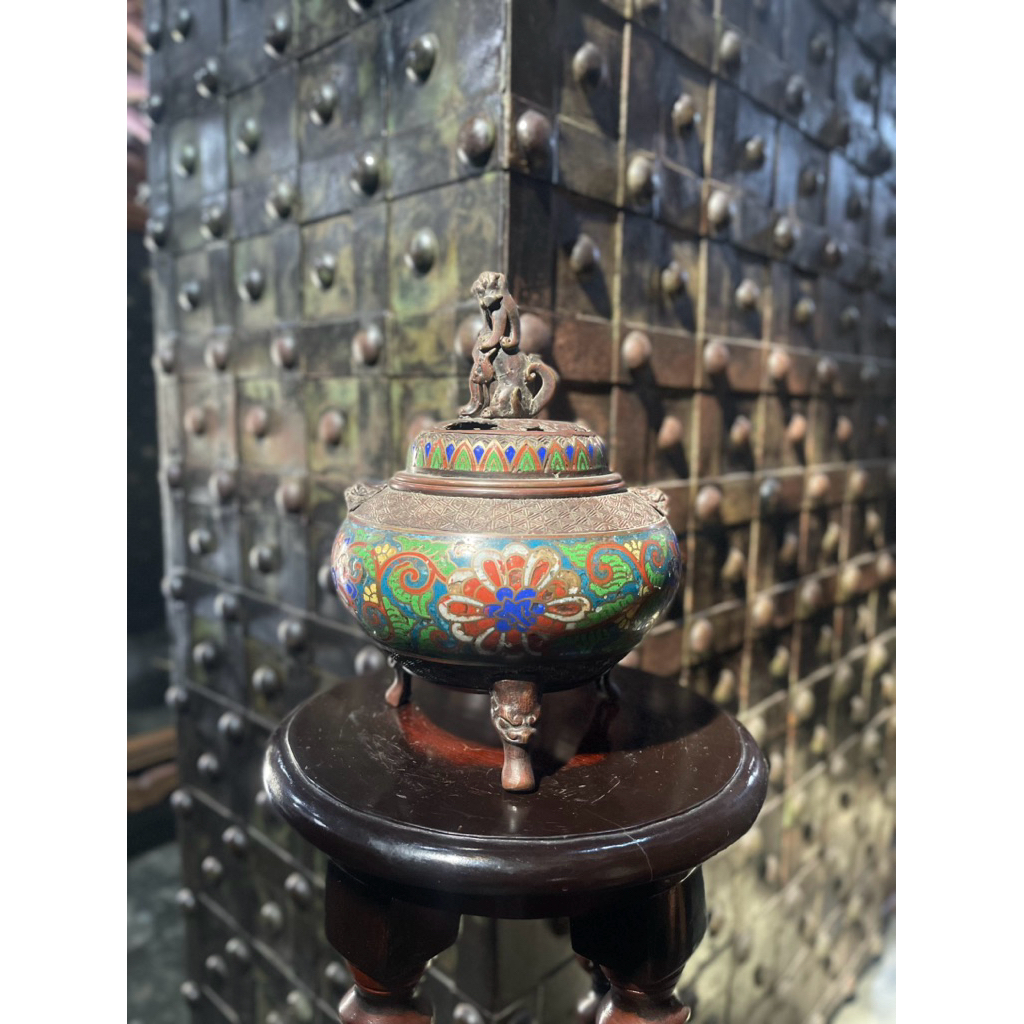 Tempat Dupa Jepang Koro Perunggu dengan Lukisan Floral Antik Jadul Tua