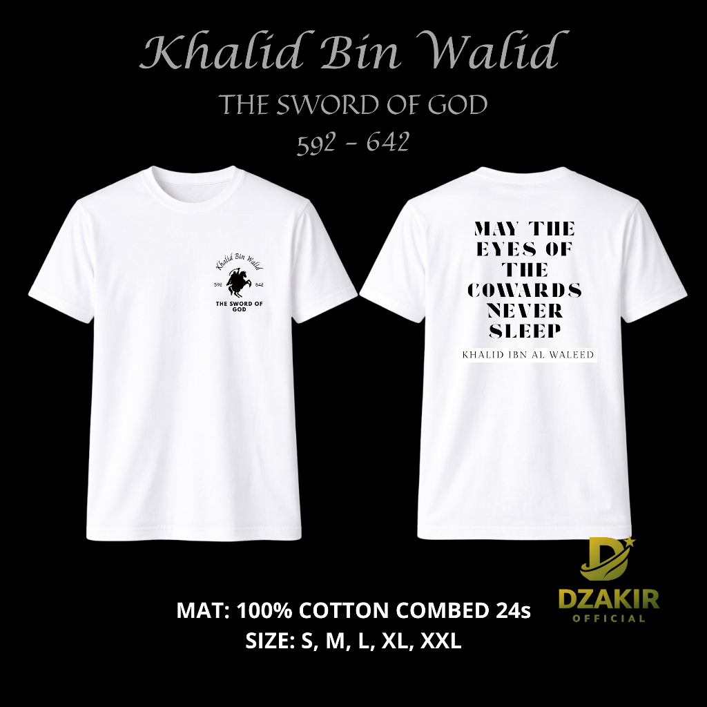 Dzakir Official Kaos Khalid bin Walid Kaligrafi - Baju Sahabat Nabi - Kaos Dakwah Combed 24s