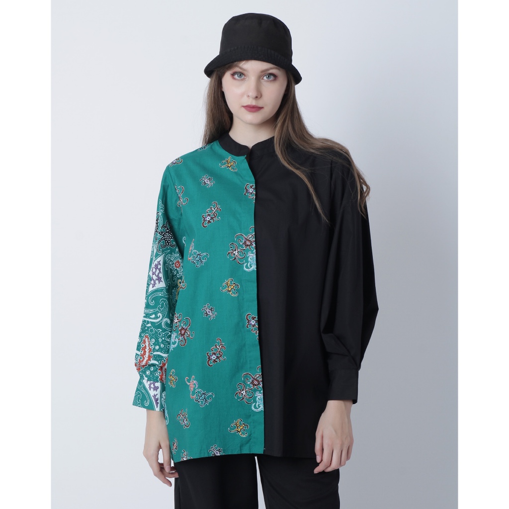 Blouse Batik Wanita Modern Kombinasi Hitam Hijau | Atasan Batik Kantor Elegan | Rumah Ampiek