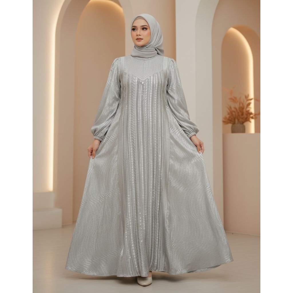 GAMIS JAGUAR SILK PLISKET PAYET JASMINE SILVER | AMORA.DS | MEWAH | ELEGAN | GAMIS WANITA MUSLIM | G