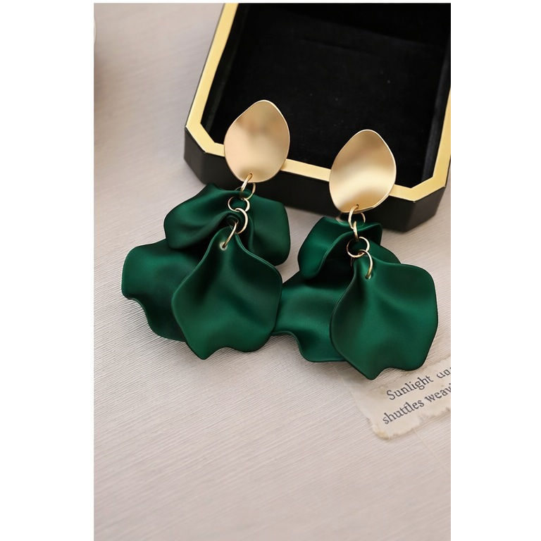 Anting Wanita A1366 Anting Gantung Motif Bunga Merah Biru Hijau Satin Anting Gantung Motif Daun Hija