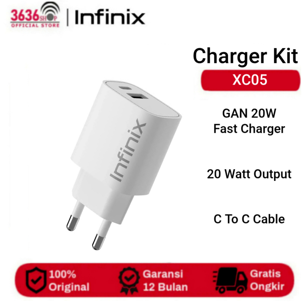 Infinix XC05 + XDC23 Charger Kit - 20W Fast Charging Adaptor with 3A Type-C to C Cable