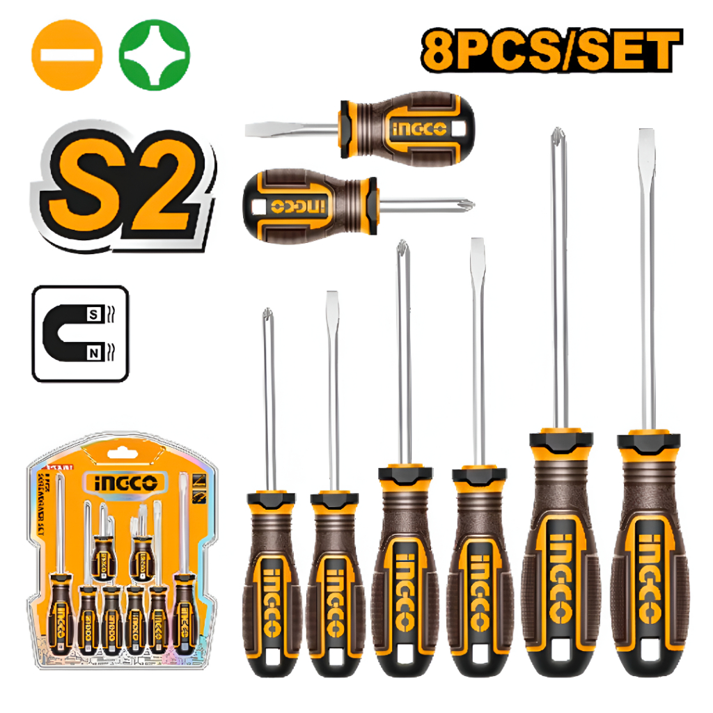 INGCO Obeng Set 8-Pc GG Karet Screwdriver Obeng Plus Minus HKSD0828 Bahan CR-V Pisau Bundar Desain B
