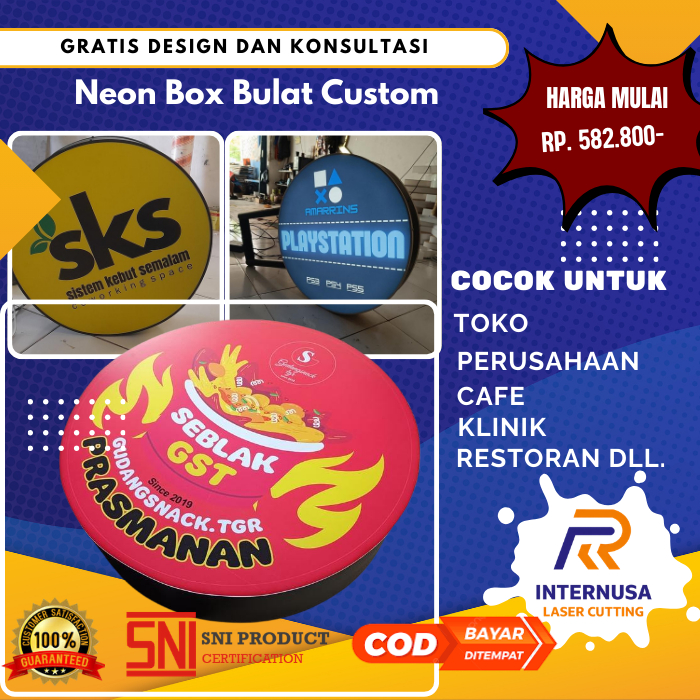 Neon Box Bulat 2 Sisi Custom Logo | Plang Nama Toko Akrilik LED Diameter 30–50 cm | Papan Nama Usaha