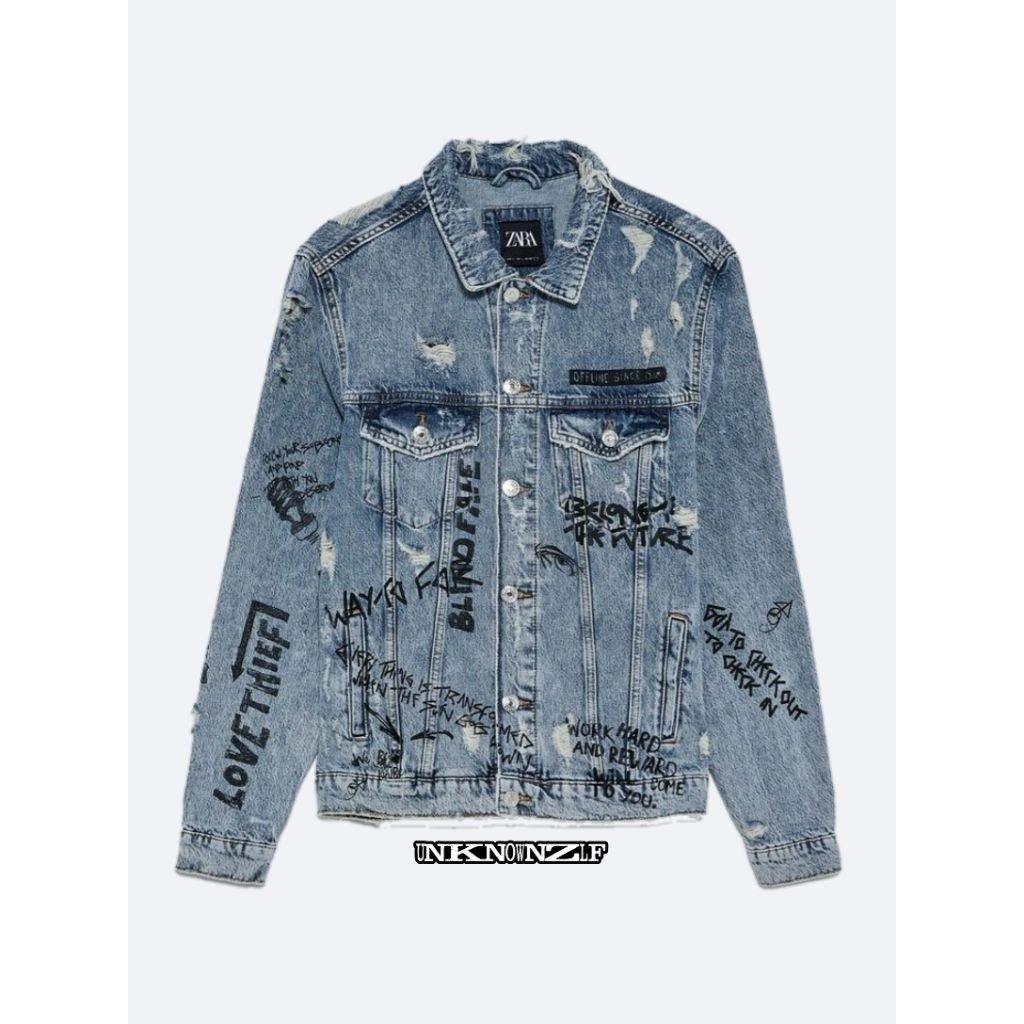 Zara Man Jacket Denim & Denim Overshirt Distressed Graffiti Blue Limited Edition