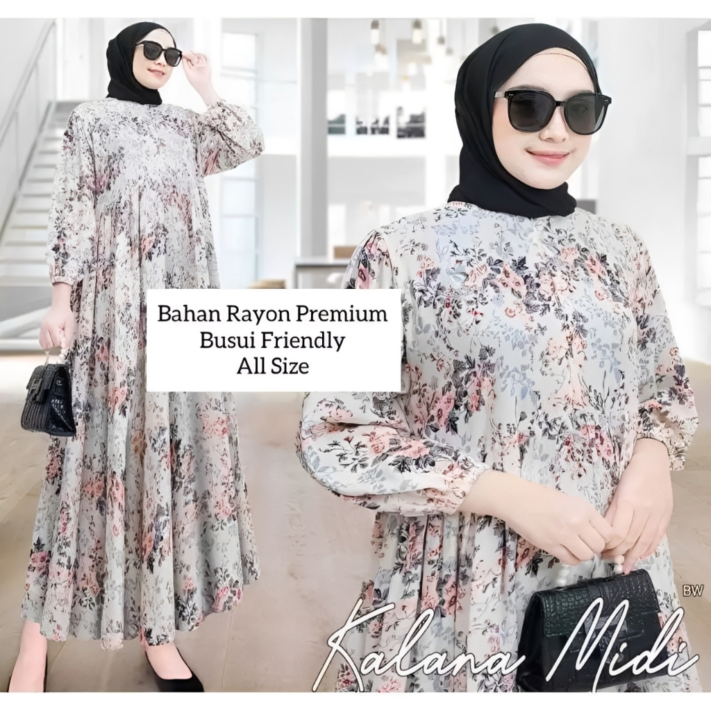 Kalana Midi Dress LD 110- PB 125 Dress Busui Friendly Mat Rayon Peremium Motif Bunga Dres JUMBO LD 1