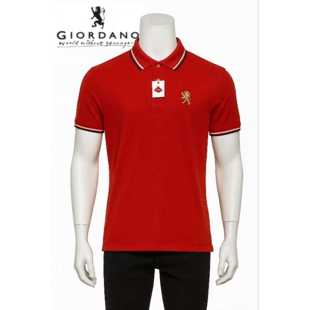 Kaos Polo Pria Giordano Merah Dengan Bordir Singa Emas Dan Strip Putih Di Lengan