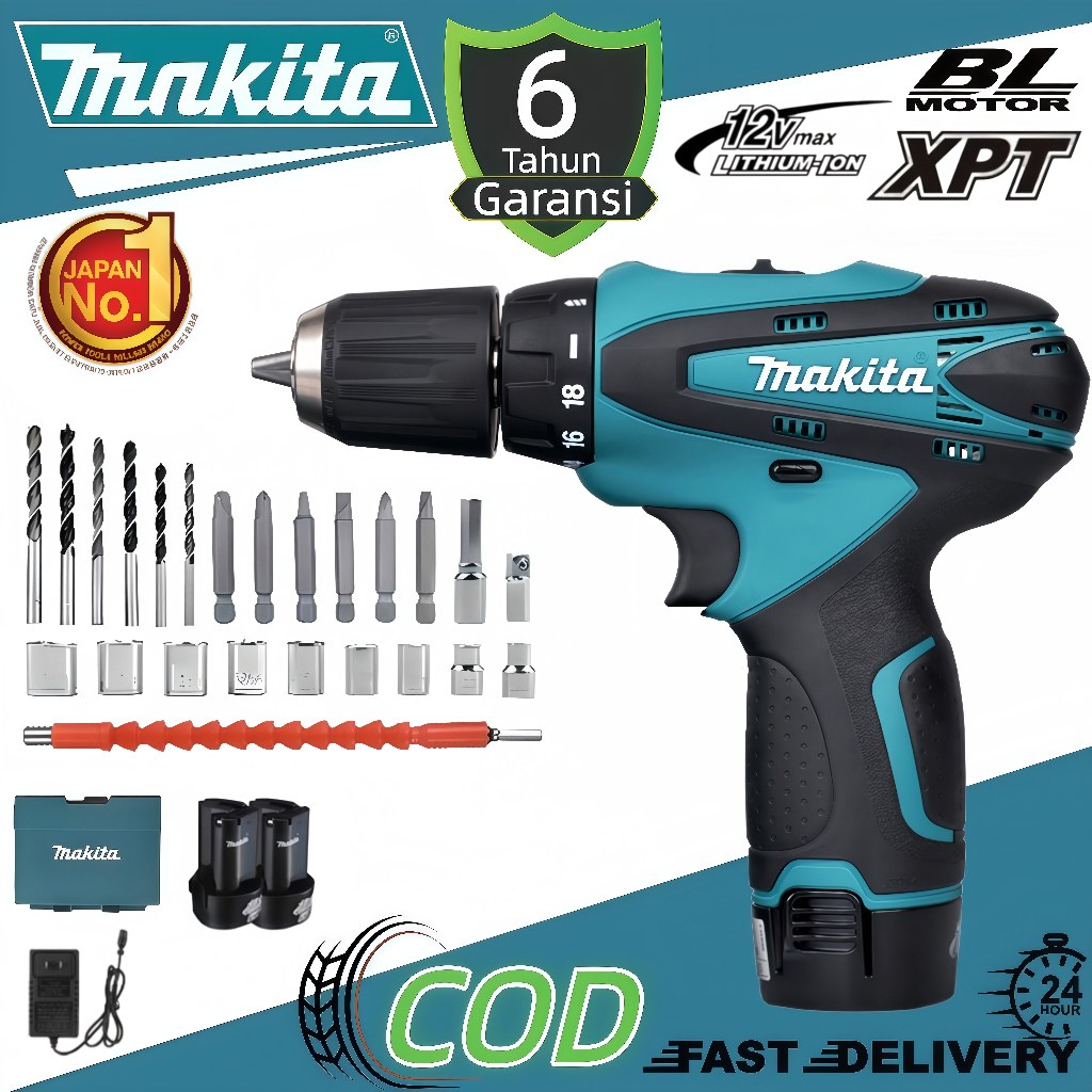 Bor listrik baterai lithium Makita DF330D, obeng listrik, obeng multifungsi, bor pistol rumah tangga