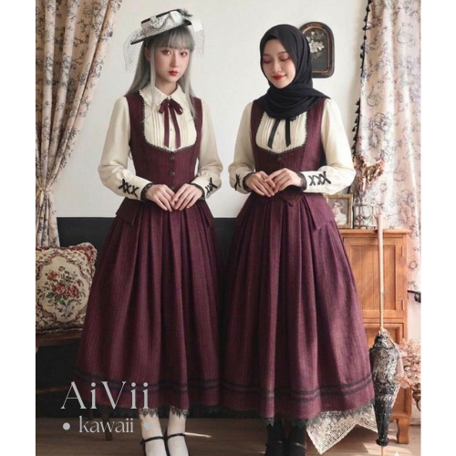 (AiVii) SETELAN OUJI LOLITA MAROON VEST DAN ROK HIJAB FRIENDLY