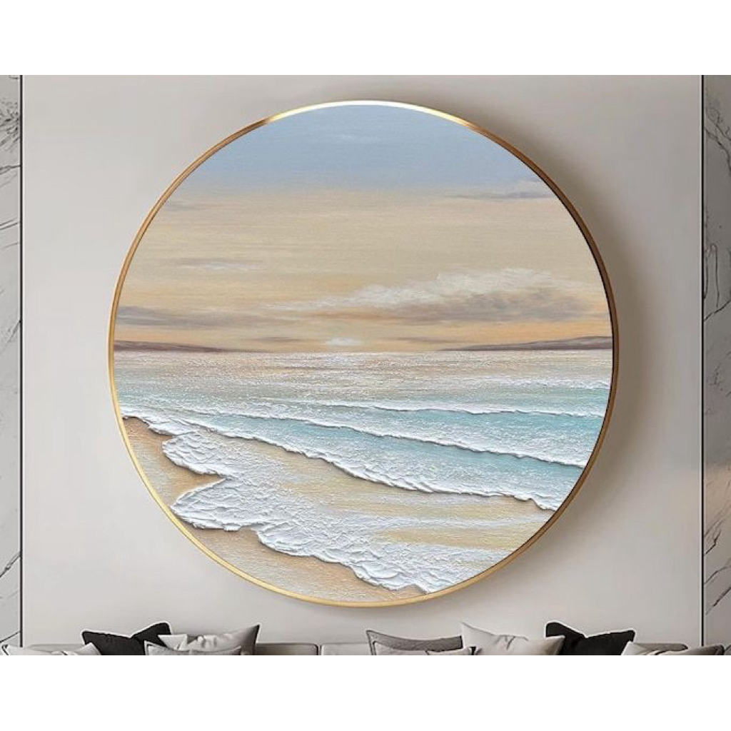 lukisan dinding pemandangan pantai bulat aesthetic tekstur timbul hiasan dinding dekorasi rumah este