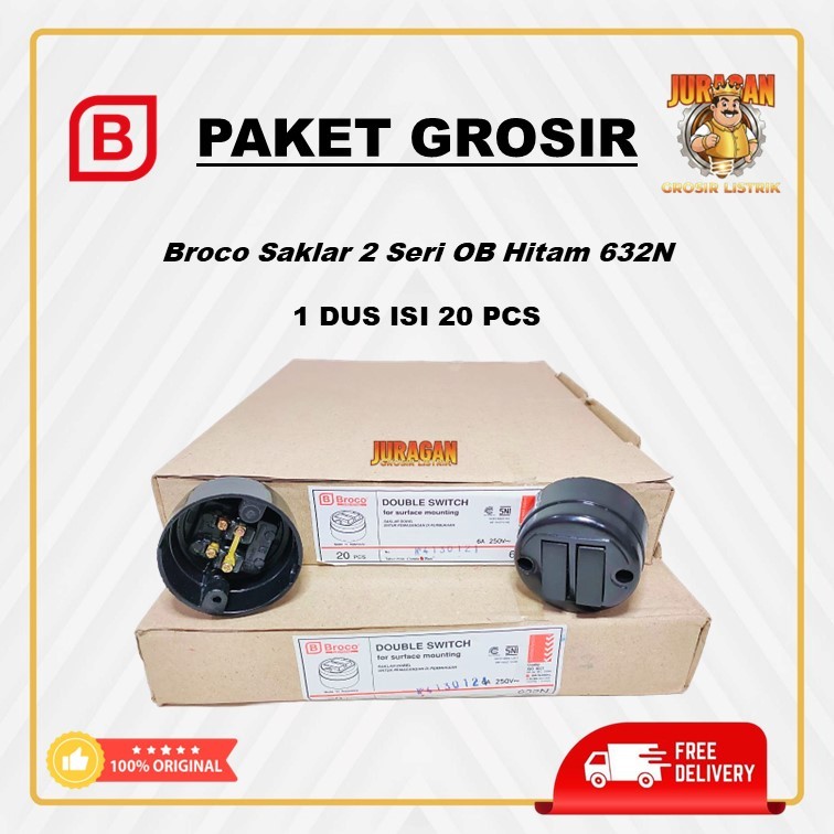 PAKET GROSIR 1 DUS ISI 20 PCS SAKLAR 2 SERI BROCO HITAM BULAT OB OUTBOW TEMPEL  632N ASLI ORIGINAL