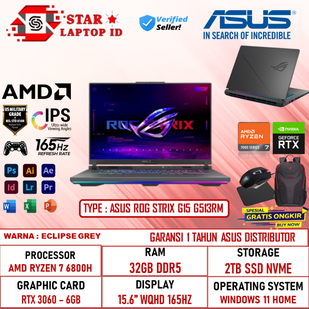 NEW Asus ROG Strix G15 G513RM Ryzen 7 6800H 32GB 1TB SSD RTX 3060 WQHD IPS 165HZ PKRGB Win 11