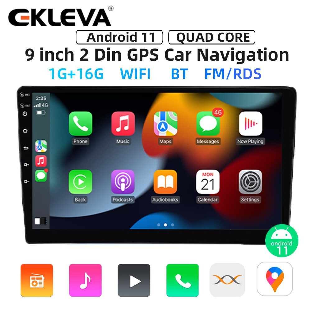 EKLEVA 9 Inch 2 Din Head Unit Android 12 GPS Navigasi Bluetooth Carplay Layar Sentuh 2.5D Split Scre