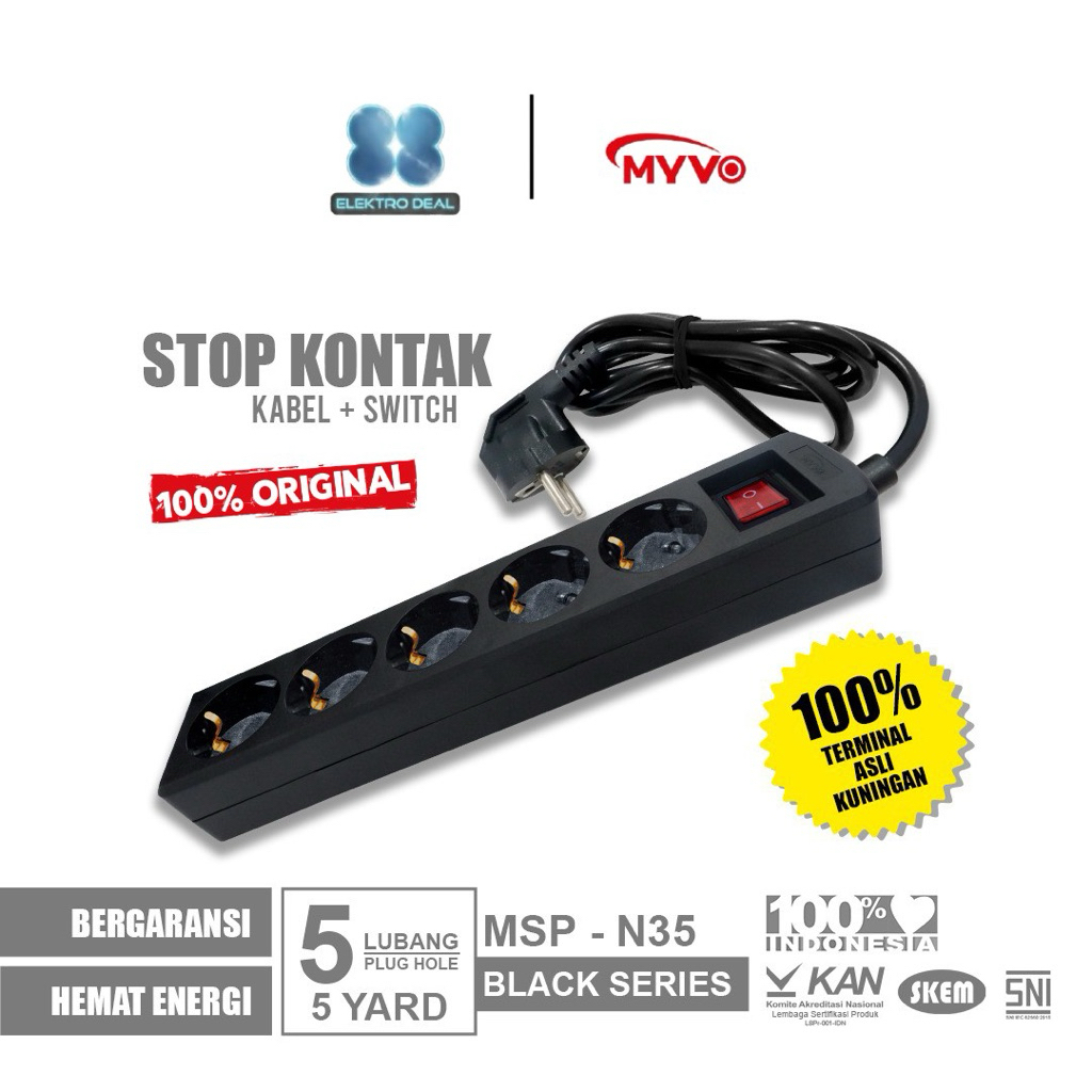 MYVO Stop Kontak 5 Lubang 5 Yard MSP-N35 Hitam Asli Kuningan