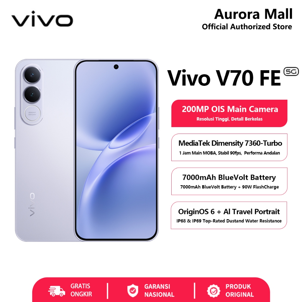 Hp Vivo V70 FE 5G 8/256GB 12/256GB RAM 12GB+12GB Extended ROM 256GB Garansi Resmi Handphone Terbaru