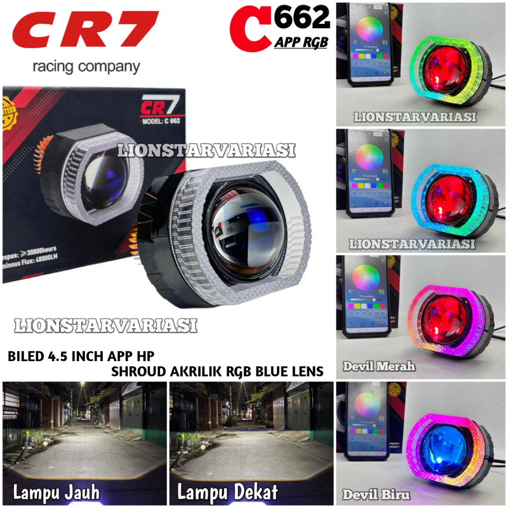 CR7 C662 - Projie Biled RGB 4.5 Inch Blue lens Plus Devil Shroud Akrilik APP Handphone High Low Piw"