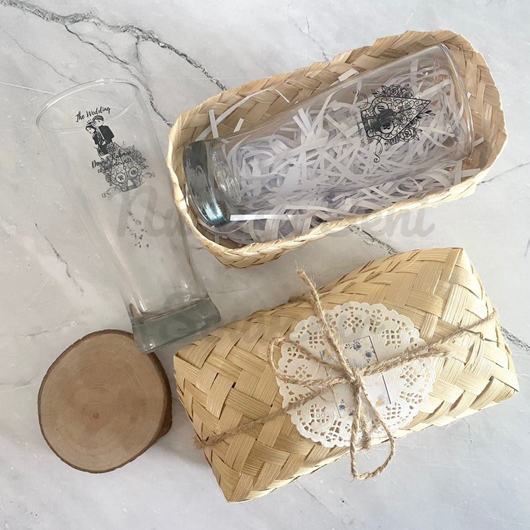 Souvenir Pernikahan Gelas Minum Kaca Tinggi Gelas Jus Porto Tumbler Mug Bamboo Sablon Kemas Besek