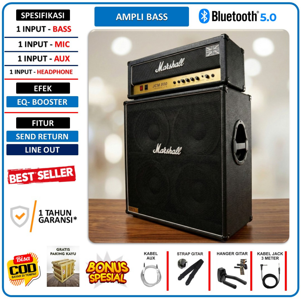 Ampli Bass & Gitar 4x12 Inch Bluetooth bisa untuk karaoke Marshall 3 Input Head Cabinet Bonus Kabel 