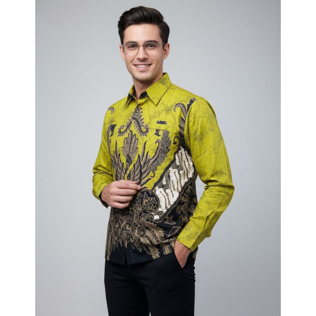 kemeja batik pria full furing Premium katun # hijau lime