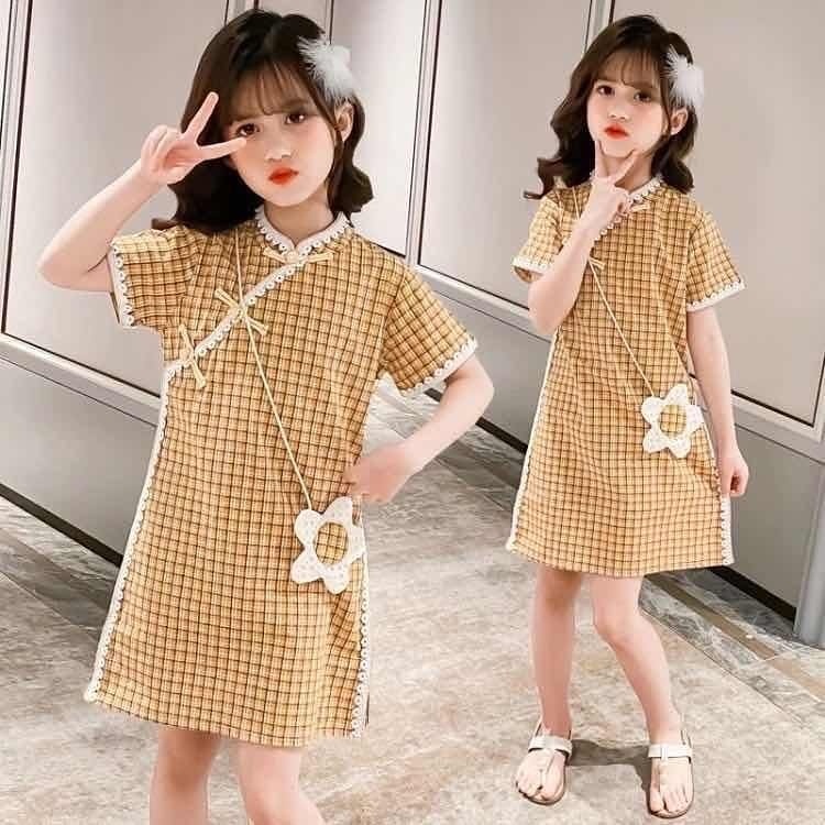 baju anak perempuan terusan kuning kotak-kotak
