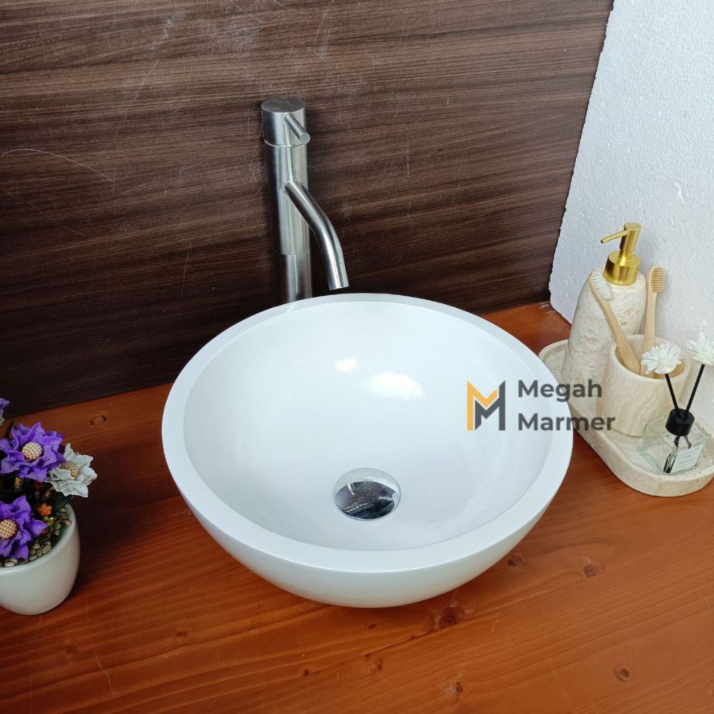 Megah Marmer | Wastafel Baskom Terazzo Putih Polos Minimalis Diameter 35cm Free Packing Kayu