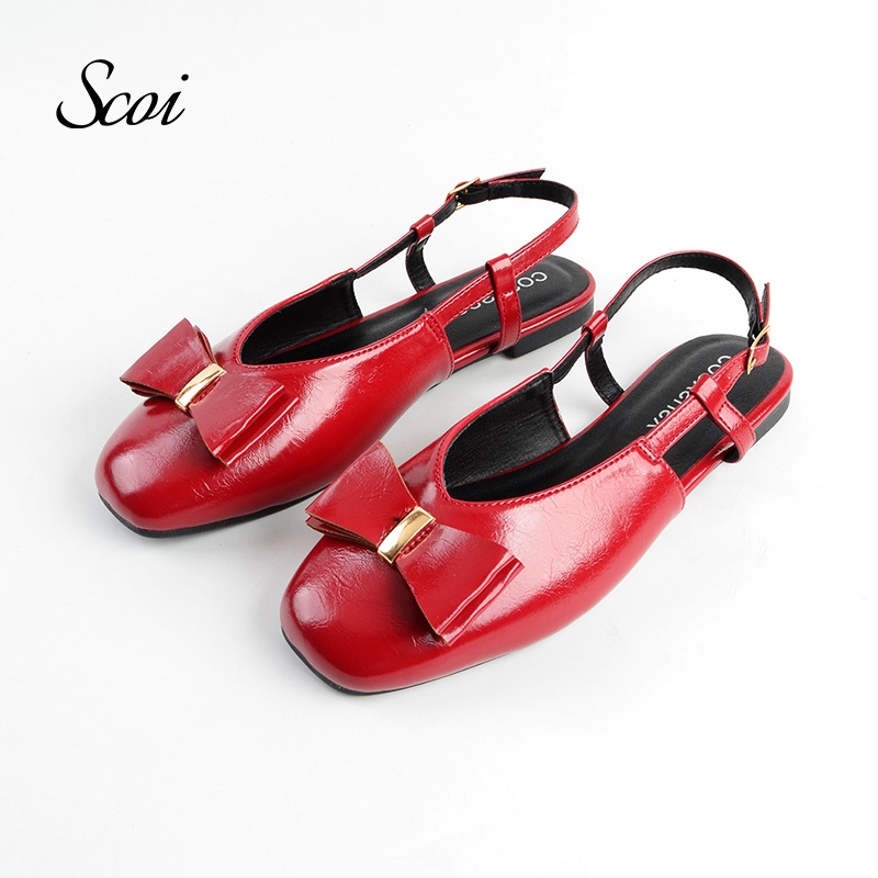Scoi Sepatu Sandal Wanita Flat Shoes Tali Belakang Model Mary Jane Pita Merah Elegan Import