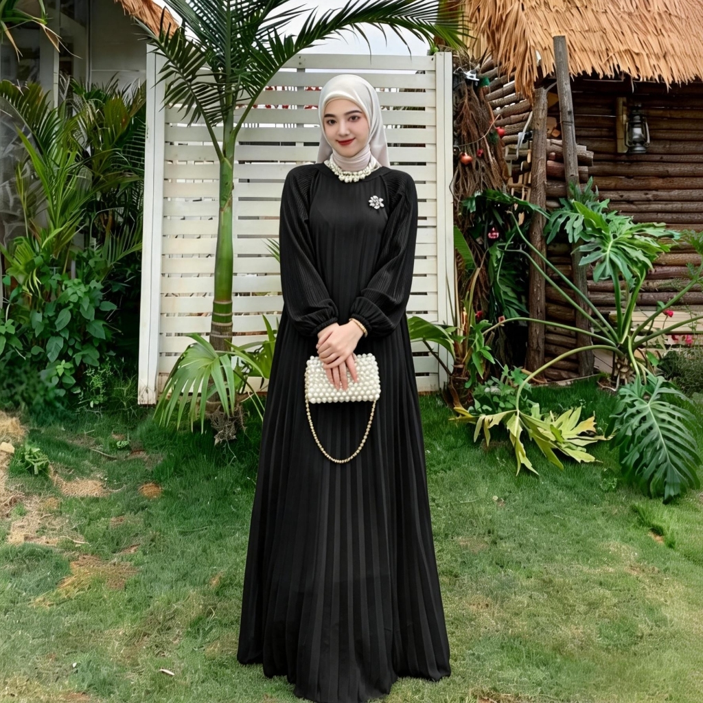 FANMU Gamis Plisket Premium Wanita / Long Dress Putih Plisket Muslim