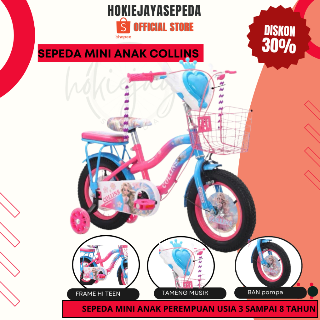 Sepeda Anak Perempuan VELION 12 16 18 INCH Musik - lampu - Kranjang - Boncengan - roda samping mini 