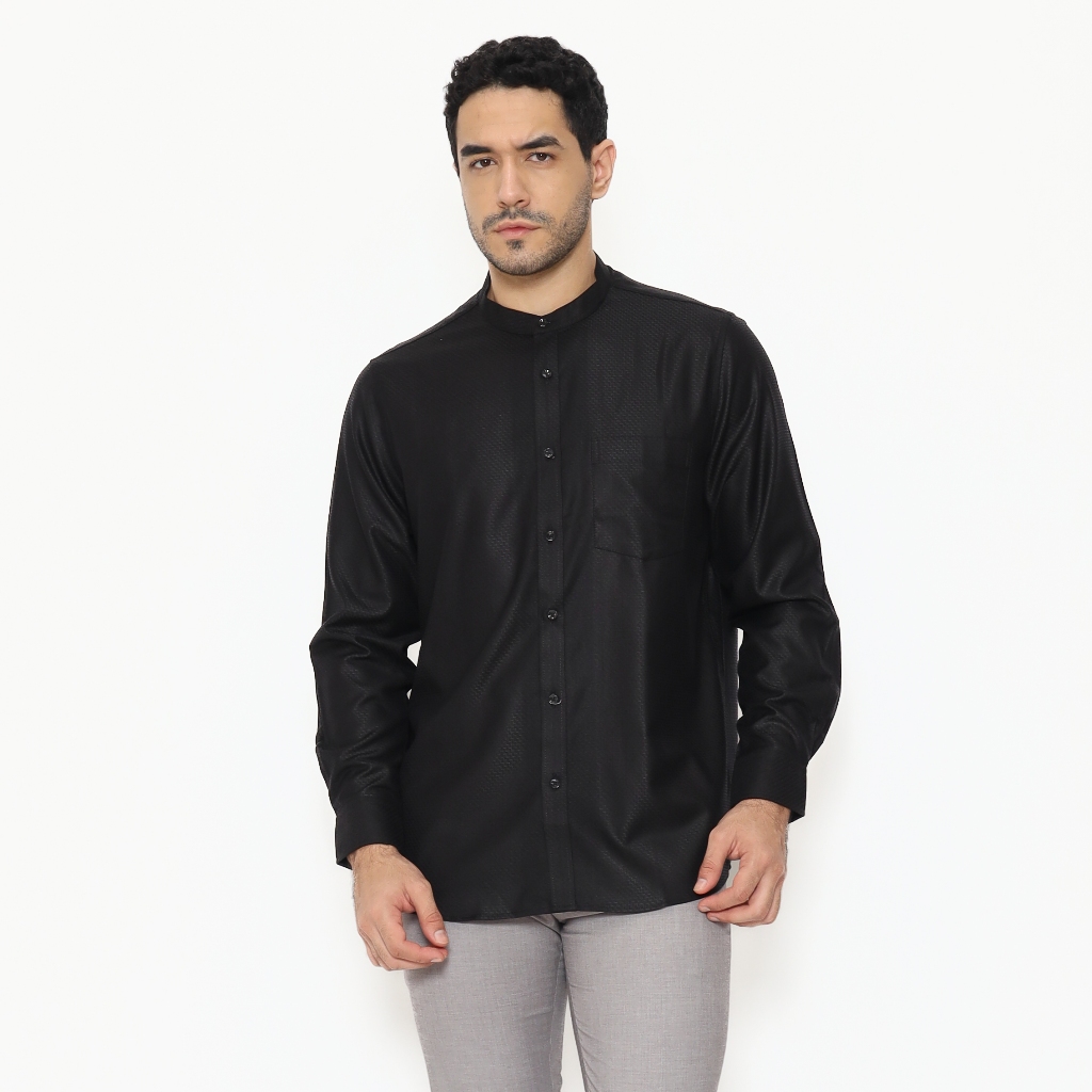 LAWELL MODERNO-KLRF Baju Koko Pria Lengan Panjang Regular Fit Kerah Mandarin Hitam Premium