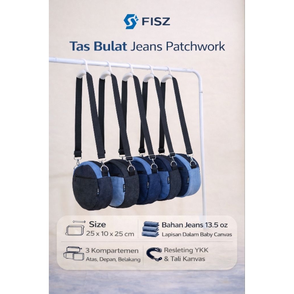 Tas Bulat Jeans Patchwork FISZ Original 13.5oz | Tas Selempang Unisex Kuat & Tebal | 3 Kompartemen |