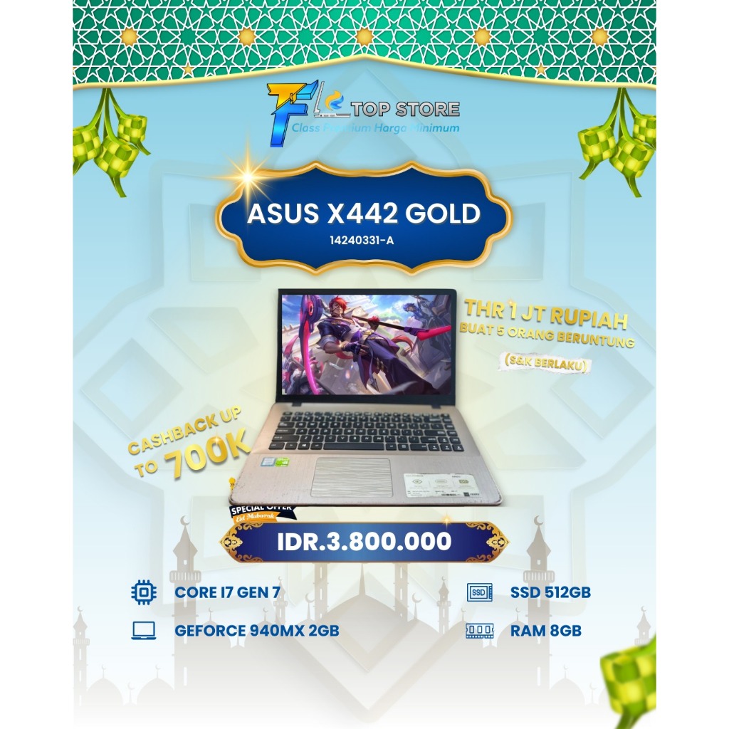 LAPTOP ASUS X442 GOLD CORE I7 GEN 7 RAM 8/512GB GEFORCE 940MX 2GB
