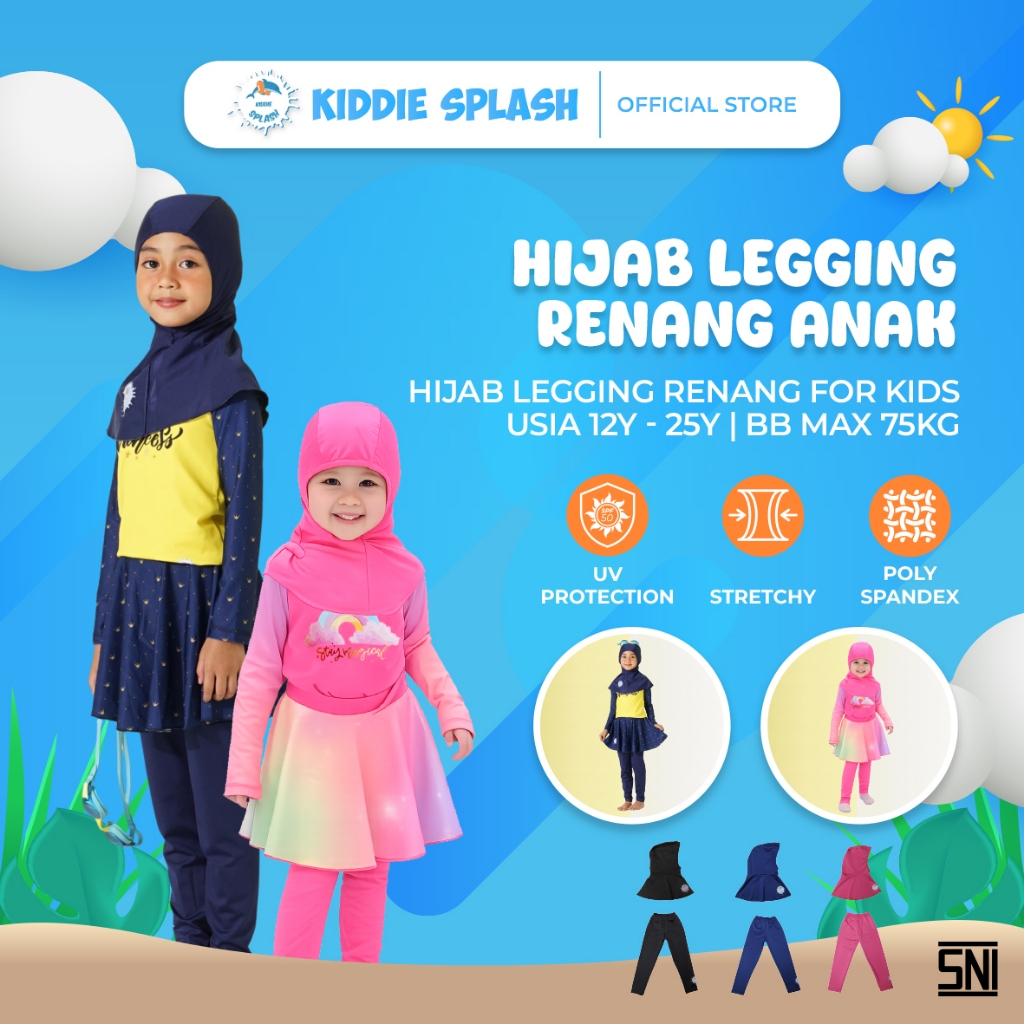 Set Hijab & Legging Renang | Sport | Olahraga | Gym Anak Bahan UV Protection - KIDDIE SPLASH