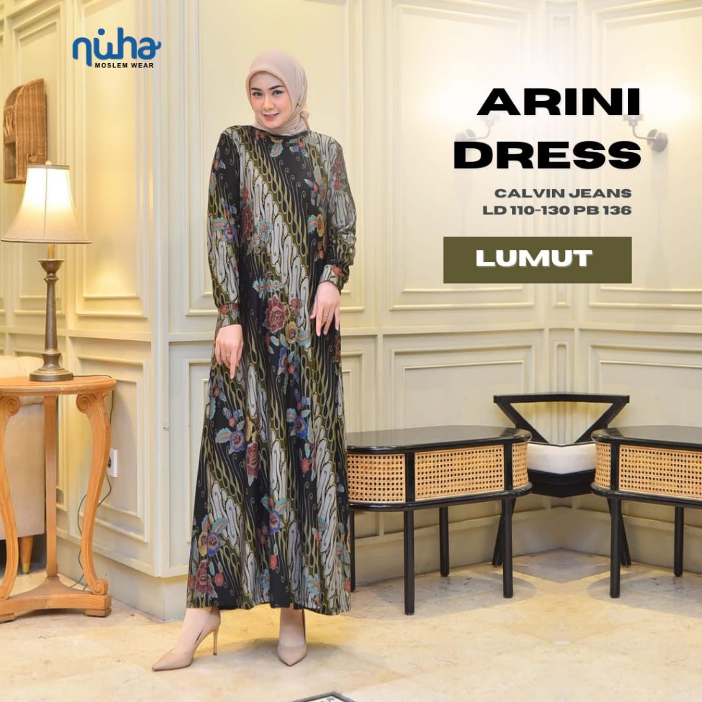 Gamis Jumbo Batika Arini Jumbo Maxy Dress Bahan Calvin Jeans Motif Batik Allsize LD110 Melar 130