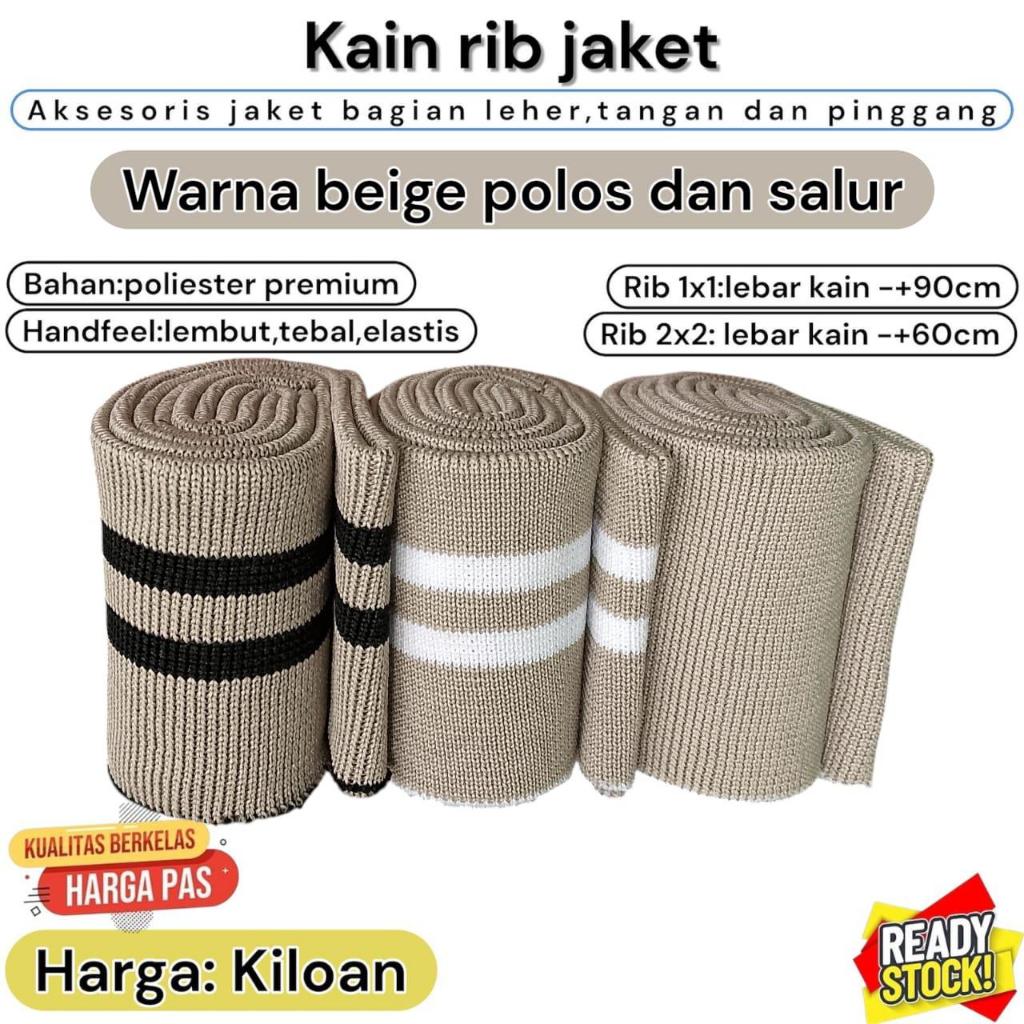 Kain rib murah warna Cream polos & salur premium, perkilo