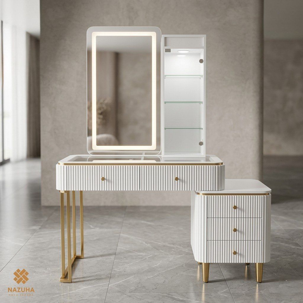 Meja Rias Minimalis Modern LED Cermin Lampu + Lemari Kaca | Meja Makeup Putih Duco Glossy Laci Banya