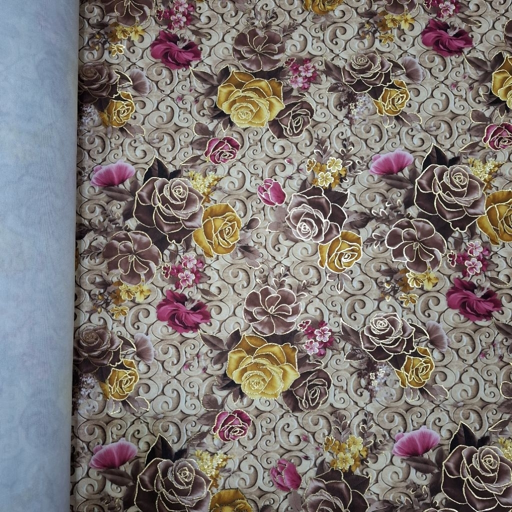 Kain Sofa Chenil Bunga Gold // Sarung Kursi Sofa Cenil meteran // Kain Motif Kursi Sofa