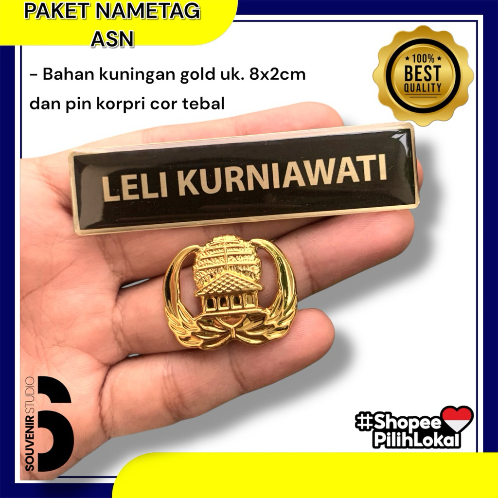Paket ASN name tag/papan nama dada kuningan gold dan pin Korpri