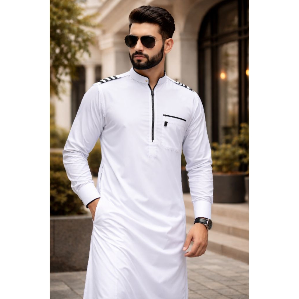 Elghazi [Thobe Qaizir Jubah 009] Jubah Pria Dewasa Putih Motif Lis Bahu GAMIS PRIA DEWASA | JUBAH PR