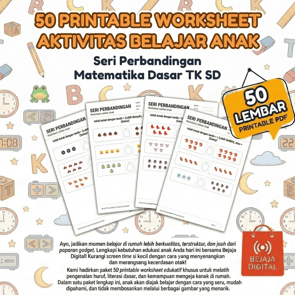 50 Printable Worksheet Aktivitas Belajar Anak - Seri Perbandingan Matematika Dasar TK SD