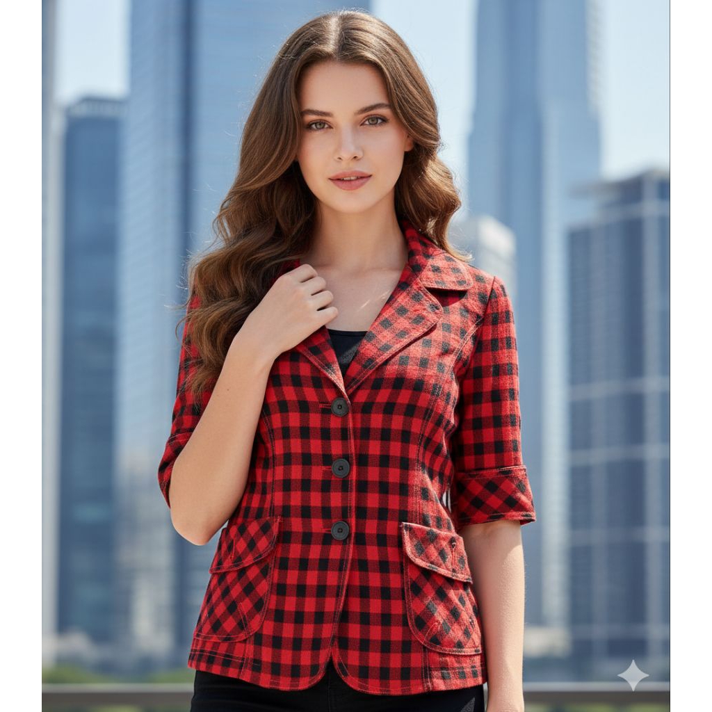 BL0075 KEMEJA BLAZER OUTER MERAH KOTAK LD 92 SALE RAMADAN PROMO FYP VIRAL