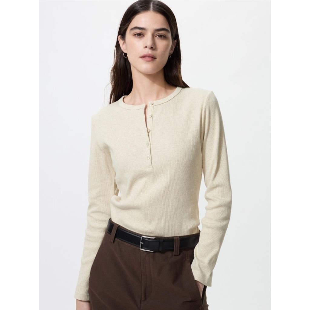 WOMEN T-Shirt Rib Kerah Henley Lengan Panjang UNIQLO