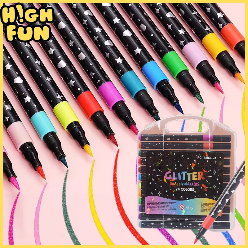 HIGHFUN Spidol Warna Glitter Set Dual-tip 24/48 Warna