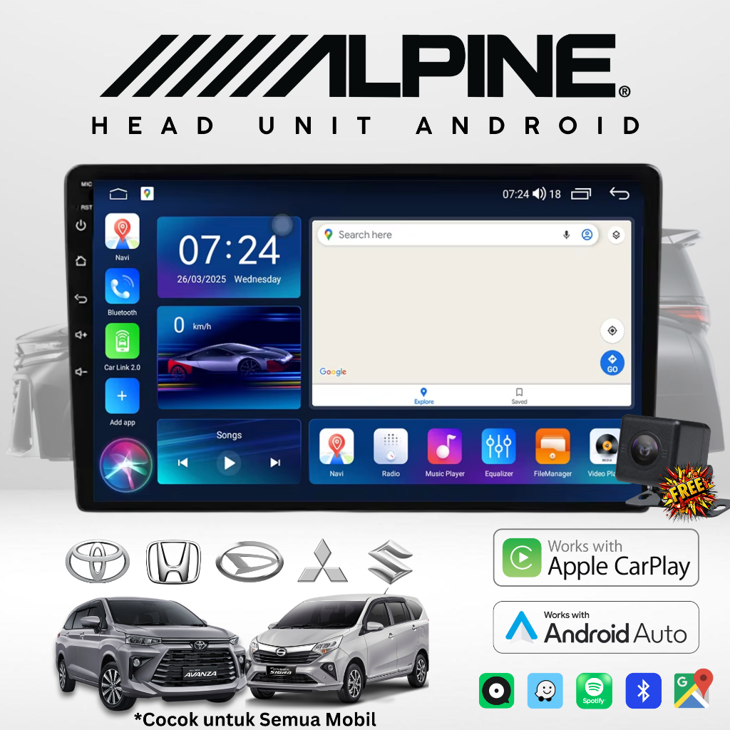 ALPINE HEAD UNIT ANDROID 6GB+64GB Pemutar Mobil Android + Bonus Kamera Mundur