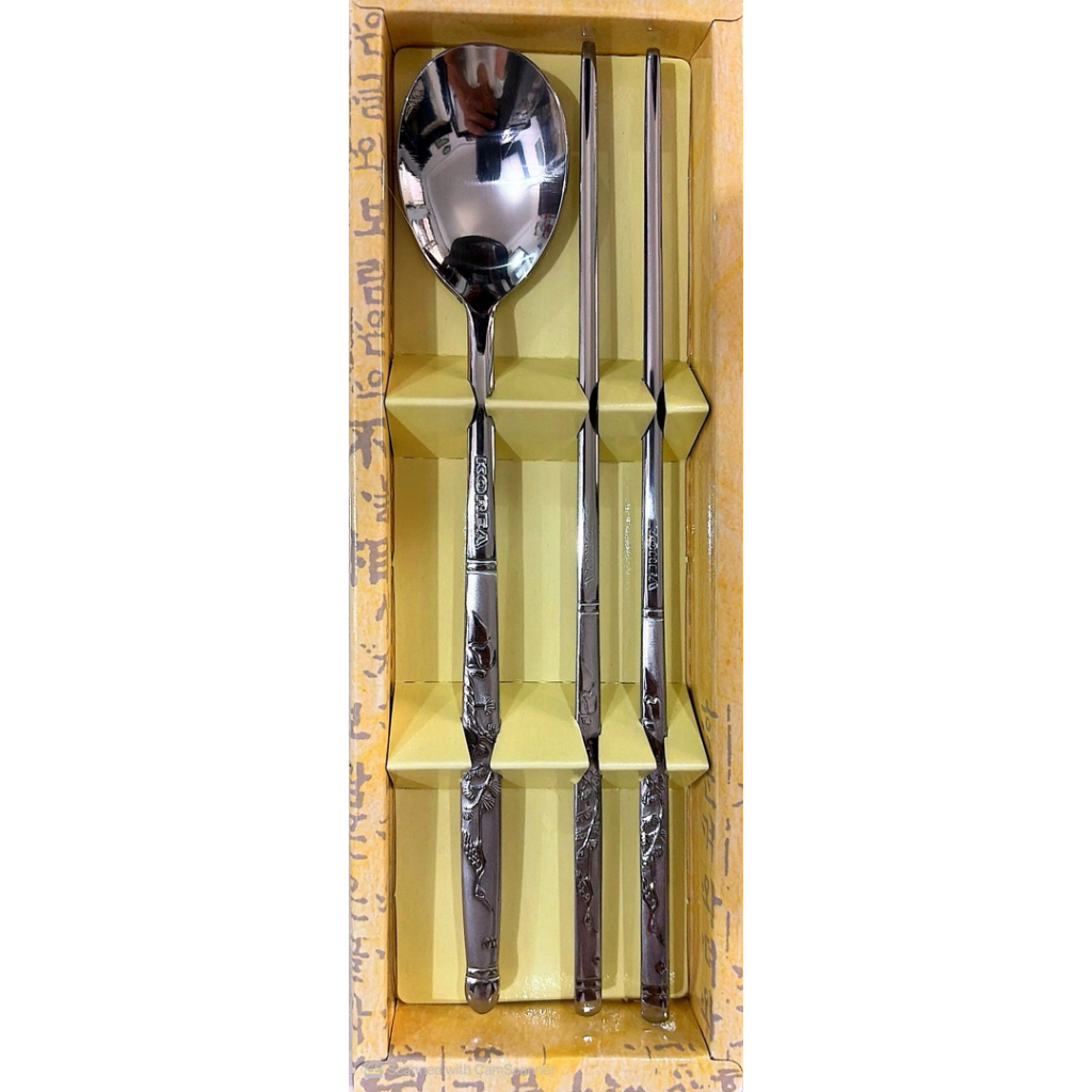 Sendok Sumpit Asli korea dgn ukiran korea isi 1set warna silver