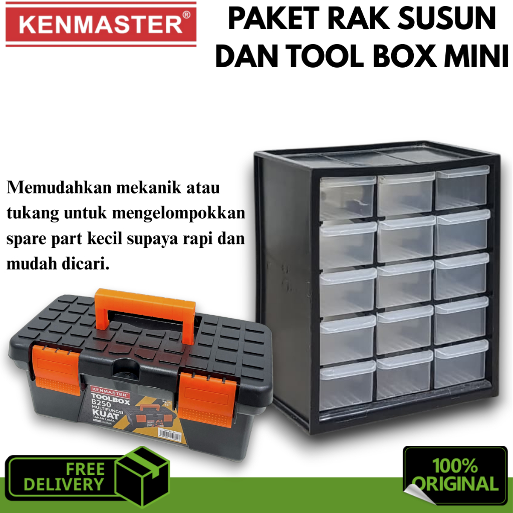 KENMASTER PAKET Rak Susun dan Tool Box Mini - Kotak Penyimpanan Serbaguna Rak Dawer 15Susun ORIGINAL